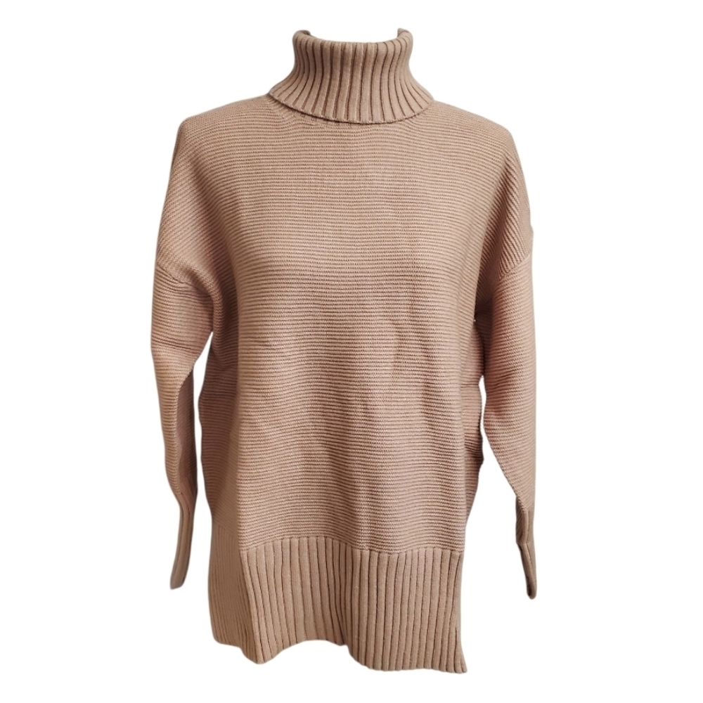 Anrabess Women's Oversized Brown Ribbed Turtleneck Sweater M